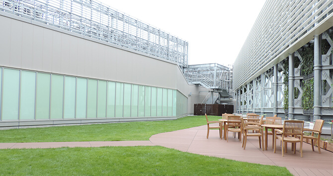 屋上には芝生を敷き、眺望スペースからは北側の武蔵野の大地が一望できる憩いの場です。